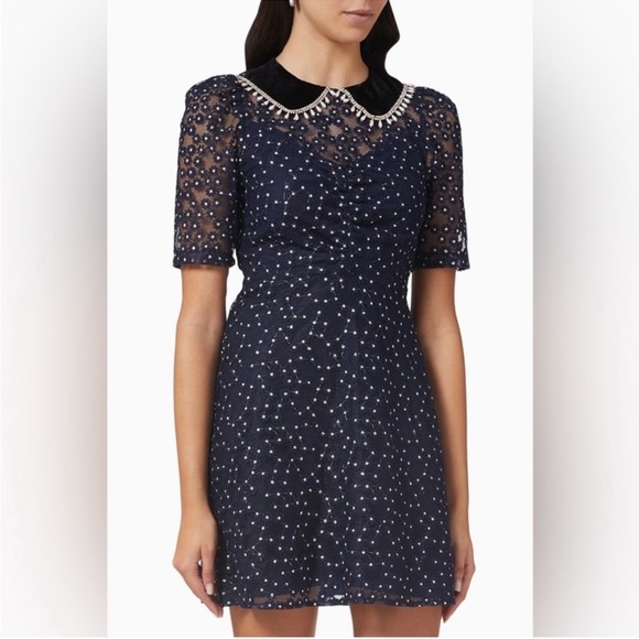 Sandro Dresses & Skirts - SANDRO Lucianita Dress Navy Lace Mini Dress with Beaded Collar 38